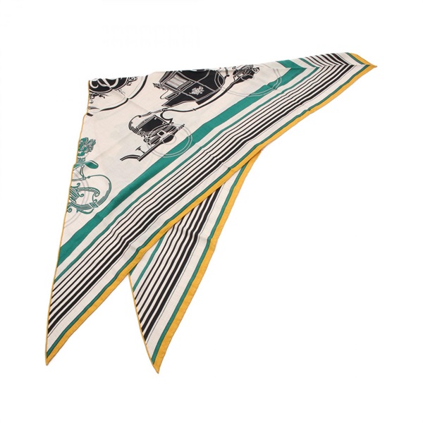 HERMES Triangle Geant Ex-Libris Scarf silk cashmere Beige Green Used Women