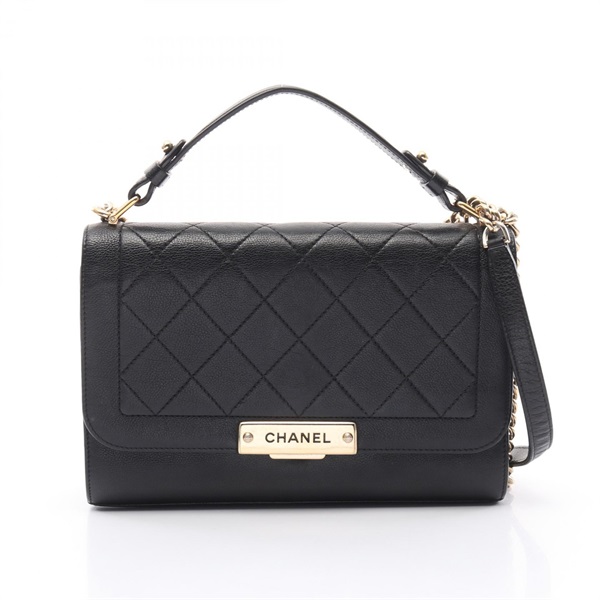 CHANEL Matelasse Click Label 2way hand Shoulder Bag leather Black Used Women GHW