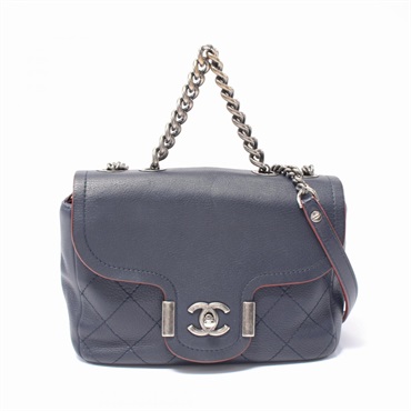 CHANEL Matelasse chain crossbody Shoulder Bag leather Navy Used