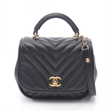 CHANEL V-Stitch Chevron Shoulder Bag Lambskin sheep leather Black Used Women GHW