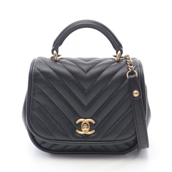 CHANEL V-Stitch Chevron Shoulder Bag Lambskin sheep leather Black Used Women GHW