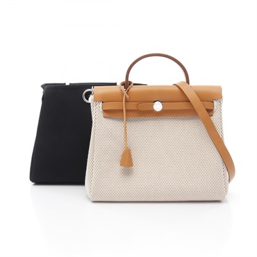 HERMES Herbag PM shoulder Handbag Toile GM canvas leather Beige Brown Used H SHW