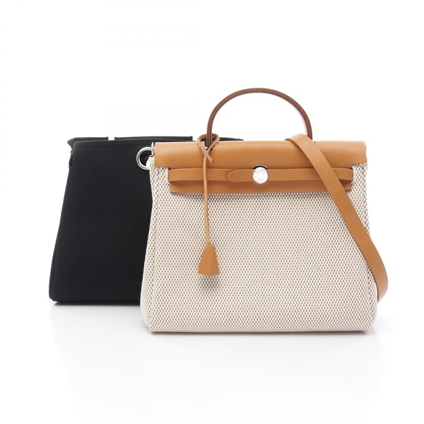HERMES Herbag PM shoulder Handbag Toile GM canvas leather Beige Brown Used H SHW