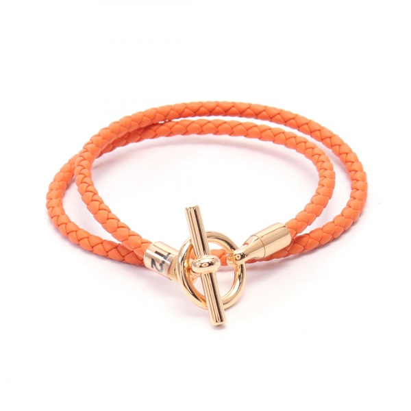 HERMES Glenan Double Tour Bracelet 16.5cm Swift leather Gold Plated Orange Used