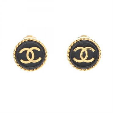 CHANEL COCO Mark Earring Gold Plated Black Used Women CC