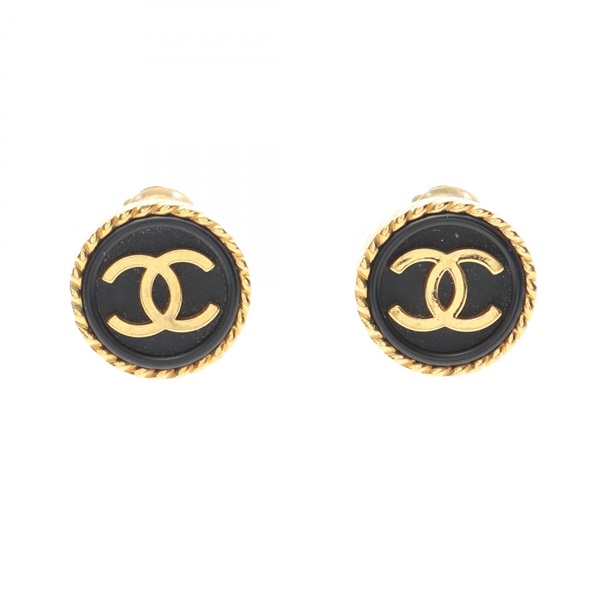 CHANEL COCO Mark Earring Gold Plated Black Used Women CC