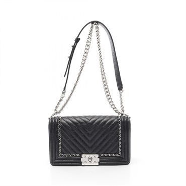 CHANEL Boy Chanel V Stitch Chain Shoulder Bag A67086 leather Black Used Women CC