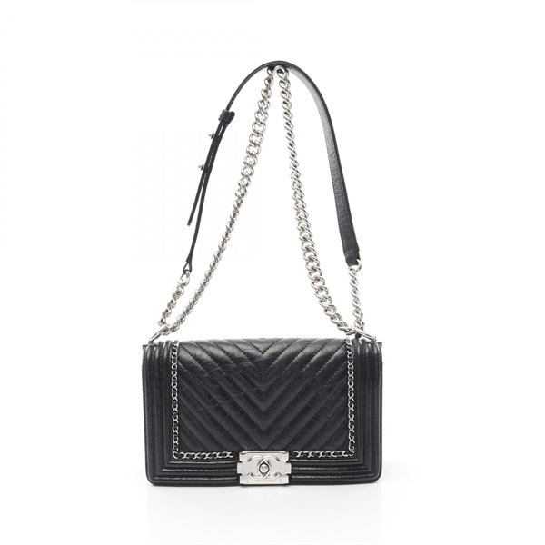 CHANEL Boy Chanel V Stitch Chain Shoulder Bag A67086 leather Black Used Women CC