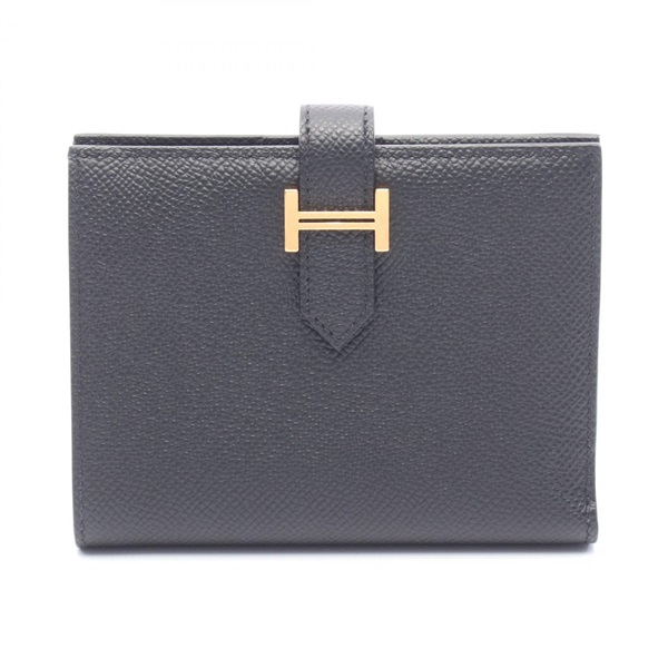 HERMES BEARN Compact Bi-fold wallet purse W Epsom leather Black Used GHW