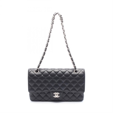 CHANEL Matelasse W flap Shoulder Bag A01112 leather Black Used Women SHW CC