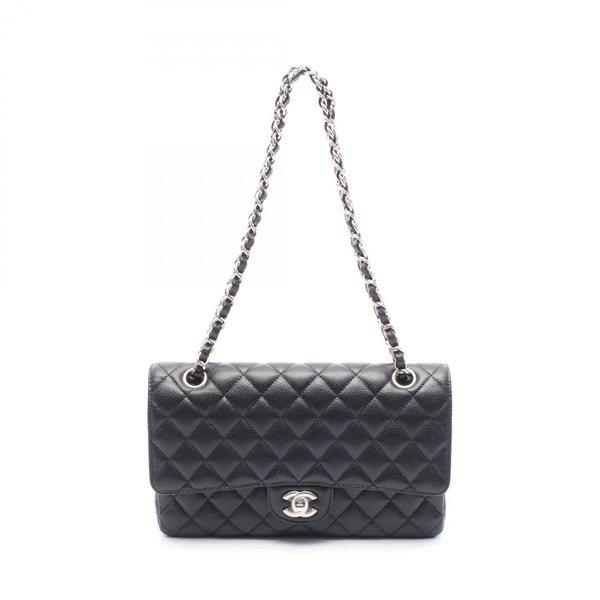 CHANEL Matelasse W flap Shoulder Bag A01112 leather Black Used Women SHW CC
