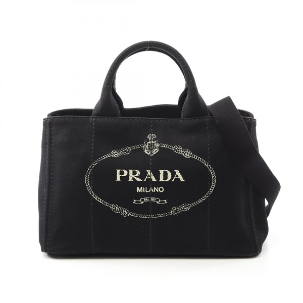 PRADA CANAPA Tote Shoulder crossbody Bag 1BF642 canvas Black Used Women logo