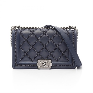 CHANEL Boy Chanel Tweed Stitch chain Shoulder Bag Lamb leather Navy Used Women