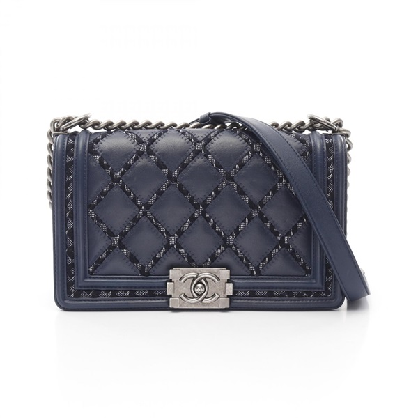 CHANEL Boy Chanel Tweed Stitch chain Shoulder Bag Lamb leather Navy Used Women