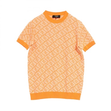 FENDI FF Logo Short Sleeve Knit Top FZX051 Cotton Orange Beige #44 Used Mens