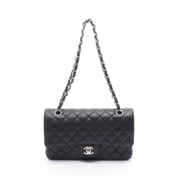 CHANEL Matelasse W Flap Chain Shoulder Bag A01112 Calfskin Black SHW Used Women