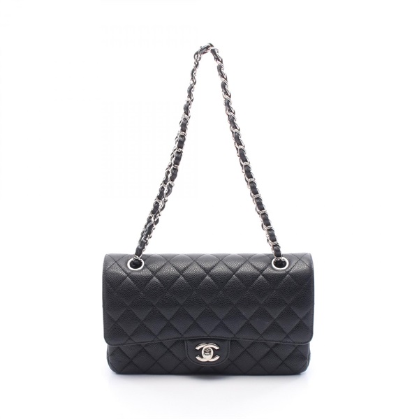 CHANEL Matelasse W Flap Chain Shoulder Bag A01112 Calfskin Black SHW Used Women