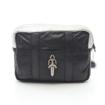 CHROME HEARTS Large Dagger Zip Clutch bag pouch leather Black Silver Used mens