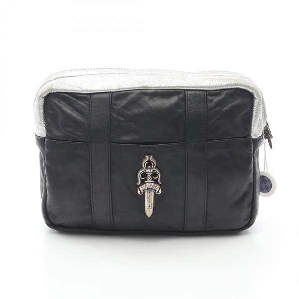 CHROME HEARTS Large Dagger Zip Clutch bag pouch leather Black Silver Used mens