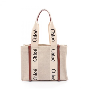 Chloe WOODY Medium Tote Bag CHC21US383 canvas leather Beige Brown Used Women