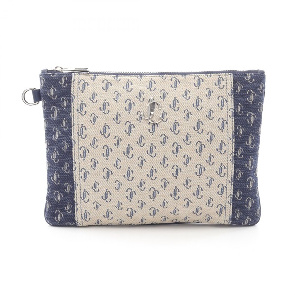 JIMMY CHOO DEREK-N Derek N JC logo Business clutch bag canvas Beige Navy Used