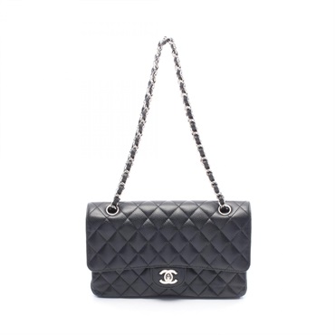 CHANEL Matelasse Double Flap Chain Shoulder Bag A01112 Calfskin Black SHW Used
