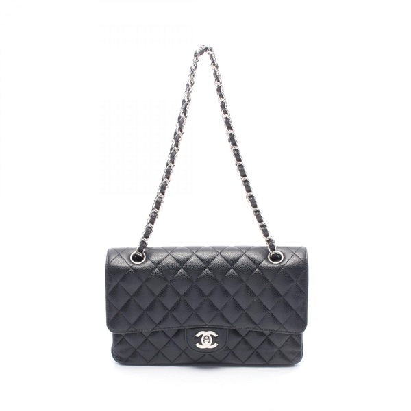 CHANEL Matelasse Double Flap Chain Shoulder Bag A01112 Calfskin Black SHW Used