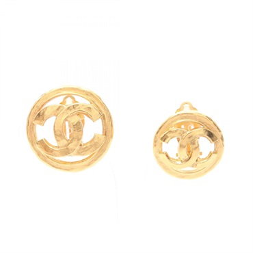 CHANEL CC Logo Asymmetrical Clip-on Earrings Gold Plated Used