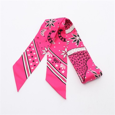HERMES Twilly Les Leopards Bandana Scarf silk Pink Black White Used Women