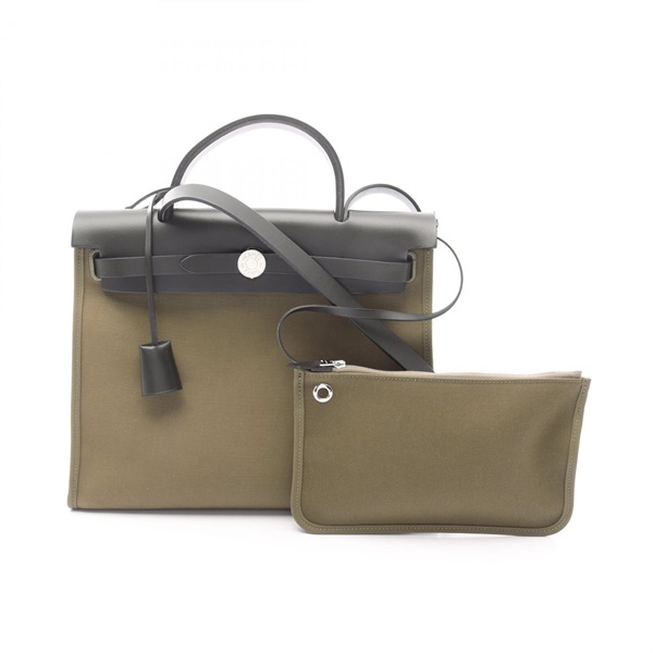 HERMES Herbag Zip PM Handbag Y Hunter Toile officier Khaki Black Used Women SHW
