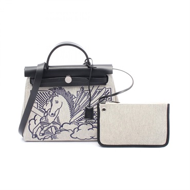 HERMES Herbag Zip PM Pegasus Pop Handbag Toile H canvas leather Gray Black used