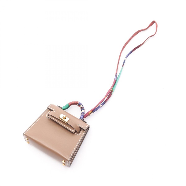 HERMES Kelly Twilly charm Tadelakt leather silk Etoupe Grey Used Women U GHW