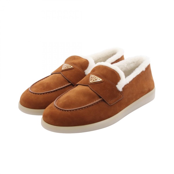 PRADA Triangle logo loafers #7.5 shoes flats Mouton Brown White Used Women