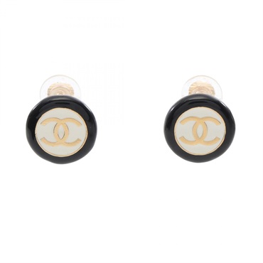 CHANEL COCO Mark round Earring Gold Plated Black White Used CC Women