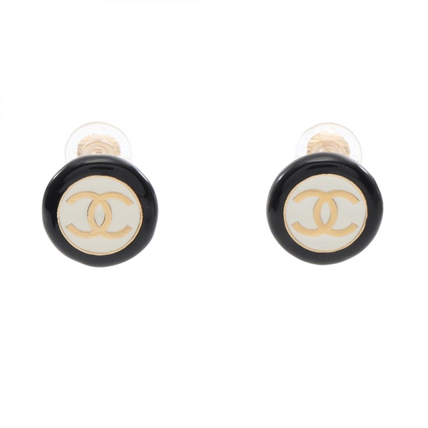 CHANEL COCO Mark round Earring Gold Plated Black White Used CC Women