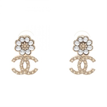 CHANEL COCO Mark Flower Earring Gold Plated Artificial pearl rhinestone Women CC