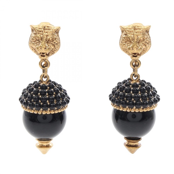 GUCCI Tiger Antique Style clip Earring Gold Plated Black Used Women
