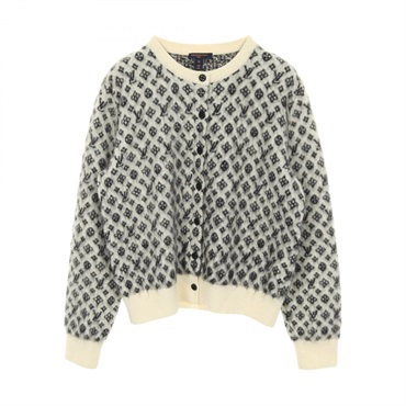 LOUIS VUITTON Monogram Brushed cardigan wool Nylon Mohair Beige Black Gray Used