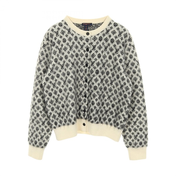 LOUIS VUITTON Monogram Brushed cardigan wool Nylon Mohair Beige Black Gray Used