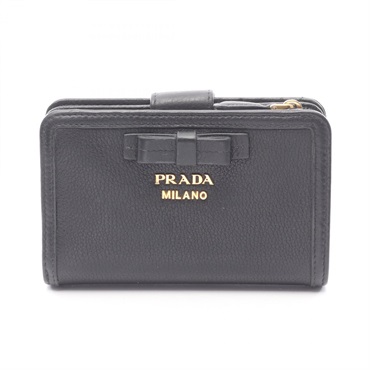 PRADA VITELLO PHENIX Bi-fold wallet purse leather Black Used Women logo