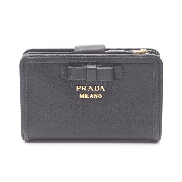 PRADA VITELLO PHENIX Bi-fold wallet purse leather Black Used Women logo