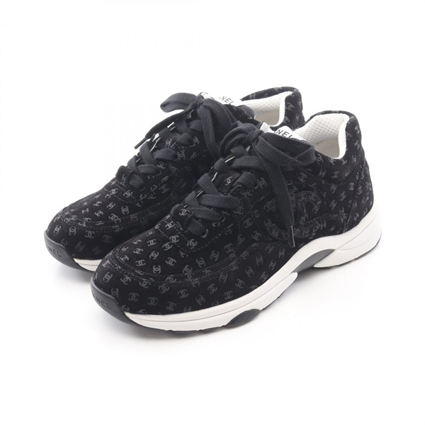 CHANEL COCO Mark Sneakers Shoes G39230 Suede Black Used Women size 38 CC
