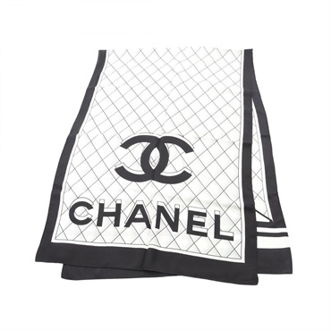 CHANEL COCO Mark Scarf stole wrap echarpe silk White Black Used Women CC