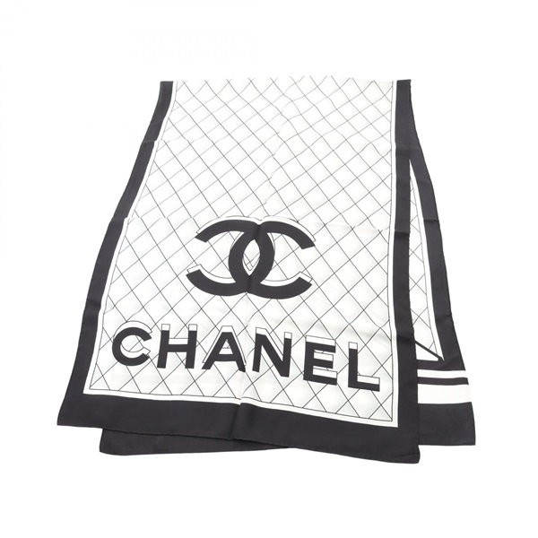 CHANEL COCO Mark Scarf stole wrap echarpe silk White Black Used Women CC