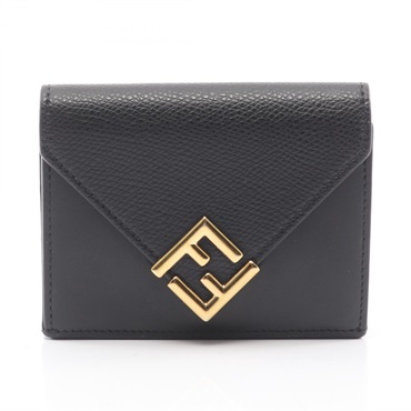 FENDI FF Diamond Tri-fold wallet purse 8M0480 leather Black GHW Used Women