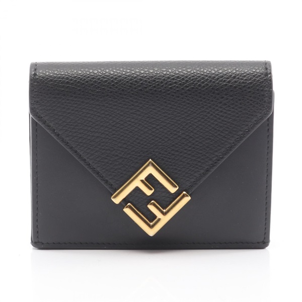 FENDI FF Diamond Tri-fold wallet purse 8M0480 leather Black GHW Used Women