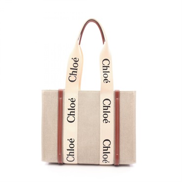 Chloe WOODY Medium Shoudler Tote Bag canvas leather Beige Brown Used Women