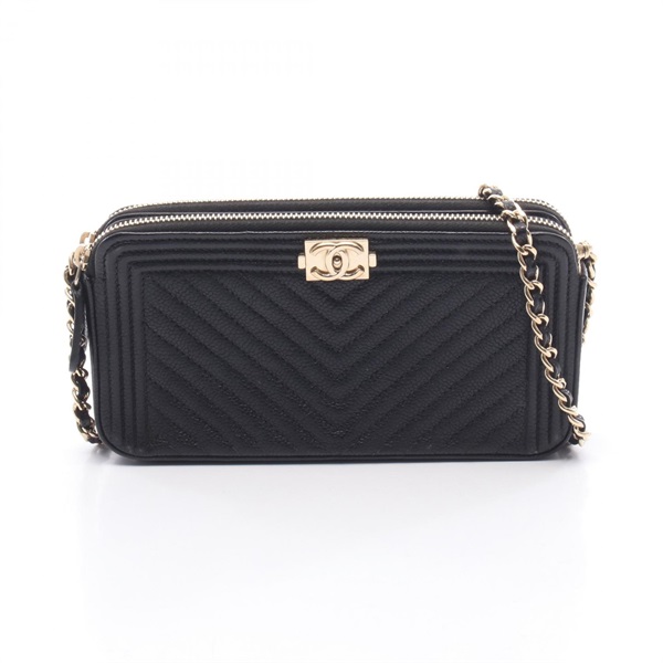 CHANEL Boy Chanel Chevron Chain Shoulder Bag leather Black Used Women GHW WOC