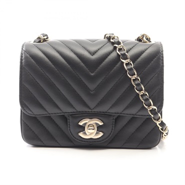 CHANEL Chevron V-Stitch Mini Chain Shoulder Crossbody Bag A35200 leather BK Used