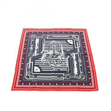 HERMES Carre55 Disco Coaching Bandana Scarf silk cashmere Navy Red Used Women